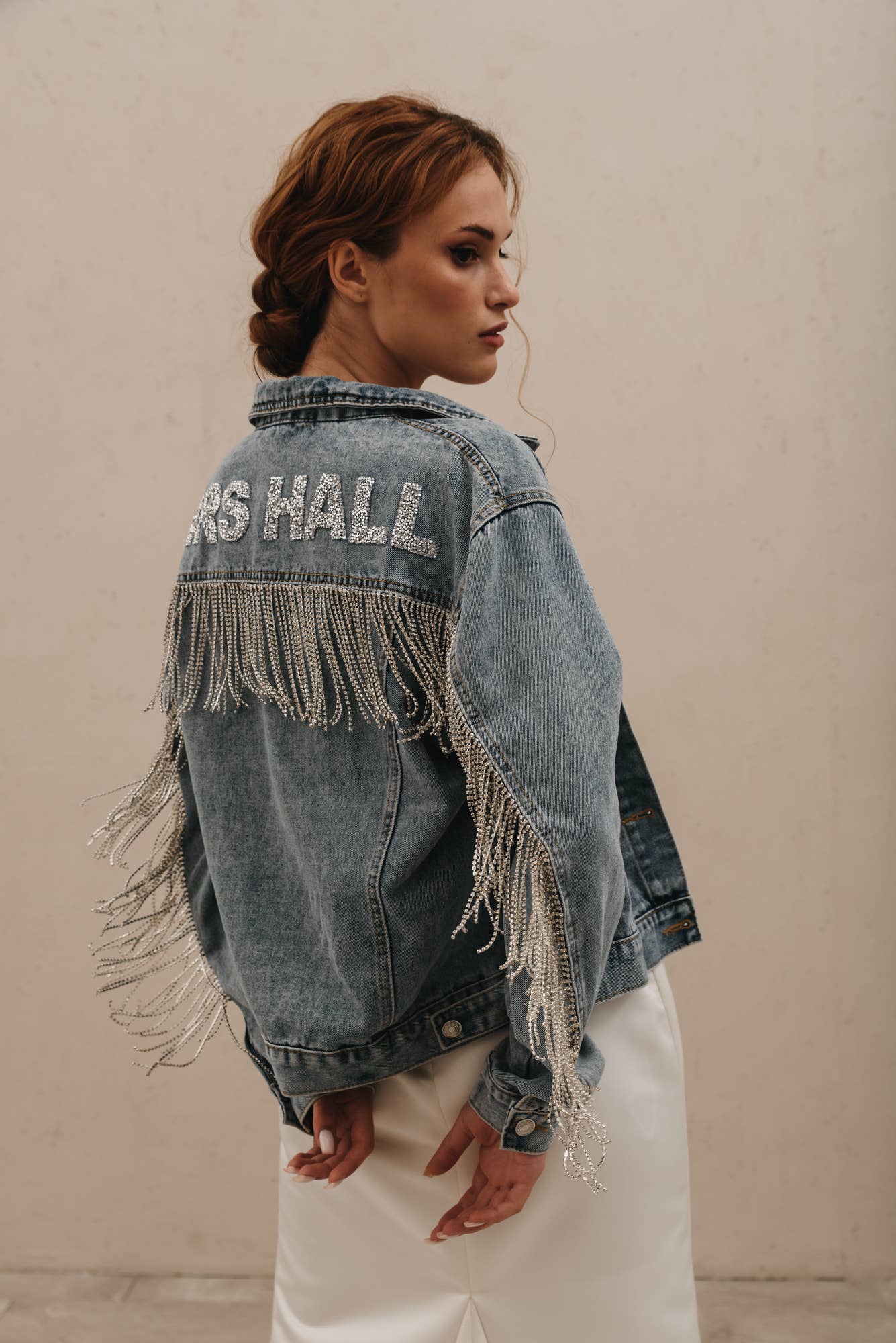 Rhinestone Fringe Jacket: S / Black Denim