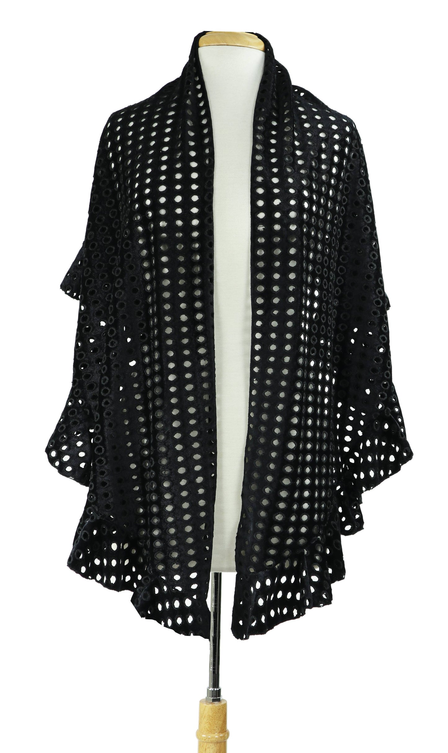 MEGAN Ruffled Long & Wide Velvet Eyelet Shawl Black - Elana Kattan