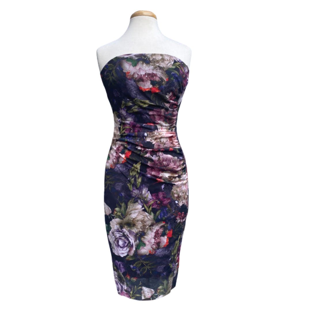 Marguerite Strapless Ruched Knee Length Floral Dress - Elana Kattan