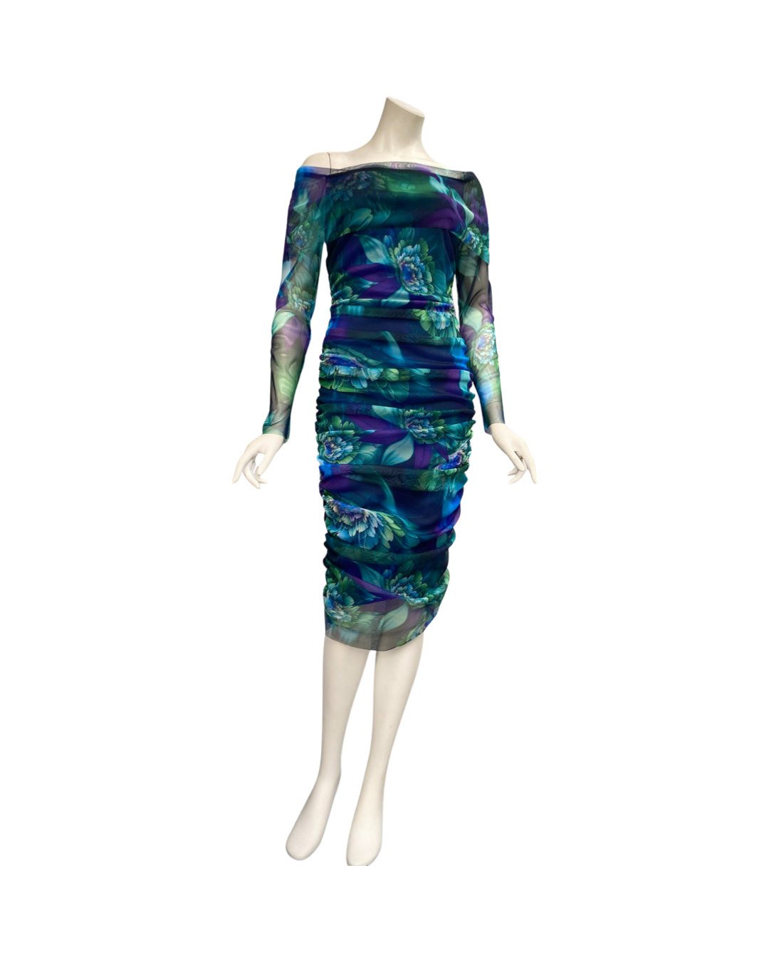 LILLIAN Draped Neckline Off-Shoulder Long Sleeves Print Midi - Elana Kattan