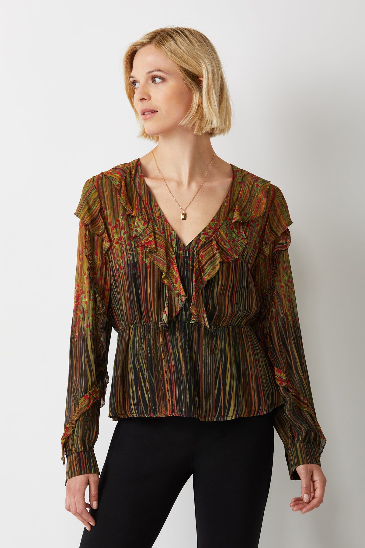 Moss V-Neck Top With Ruffles - ECRU