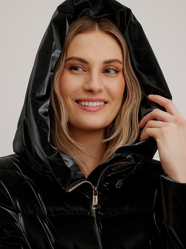 Sleek Winter Parka with Oversized Hood & Gold Trim K5368RK-408 - Nikki Jones