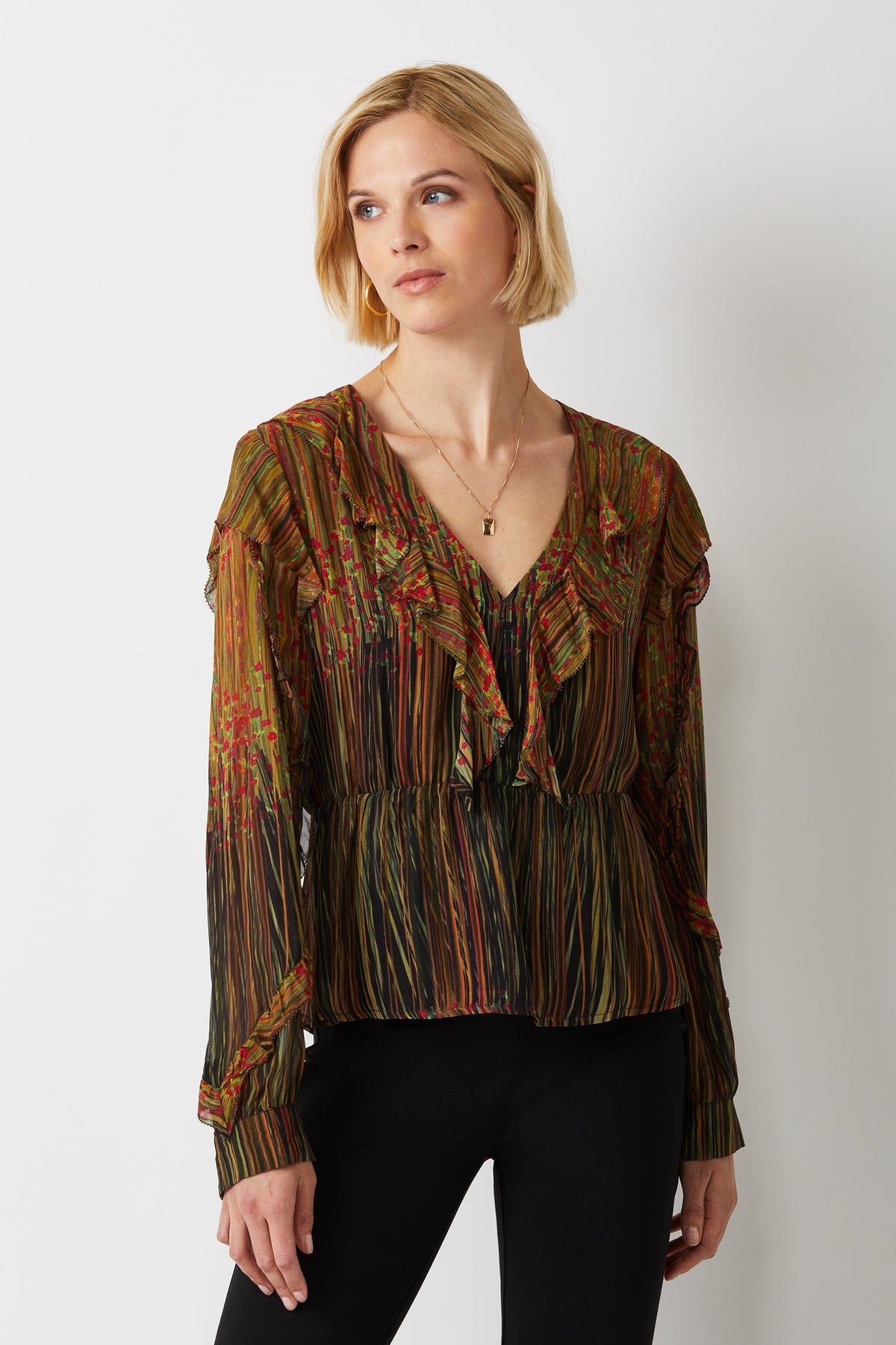 Moss V-Neck Top With Ruffles - ECRU