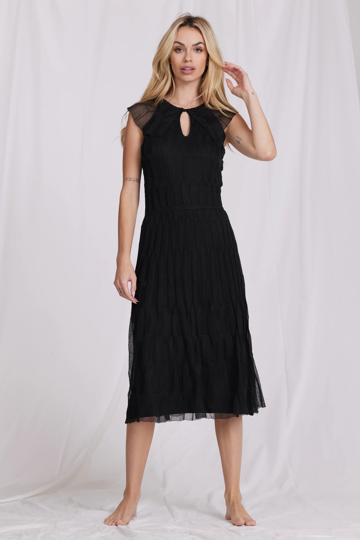 VISCOSE RUFFLE NECK TEXTURED DRESS - Minnie Rose