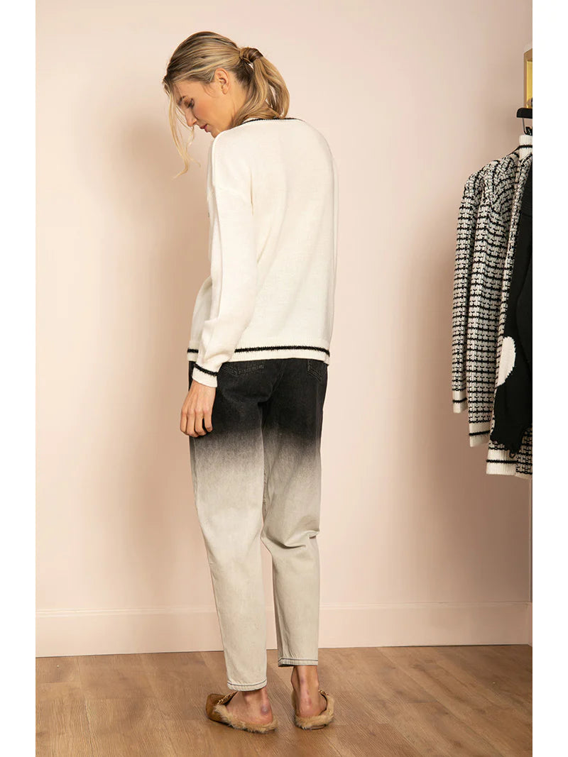 "Smile" embroidery pull over sweater with contrast stripes - Jessie Liu