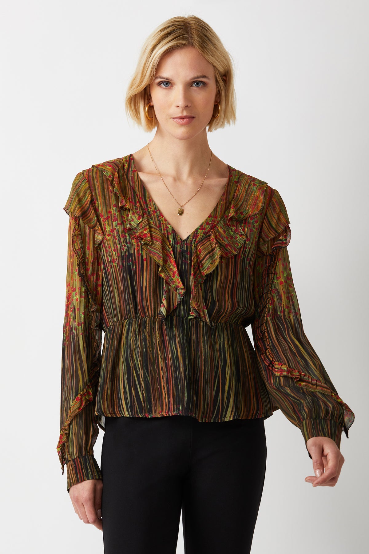 Moss V-Neck Top With Ruffles - ECRU