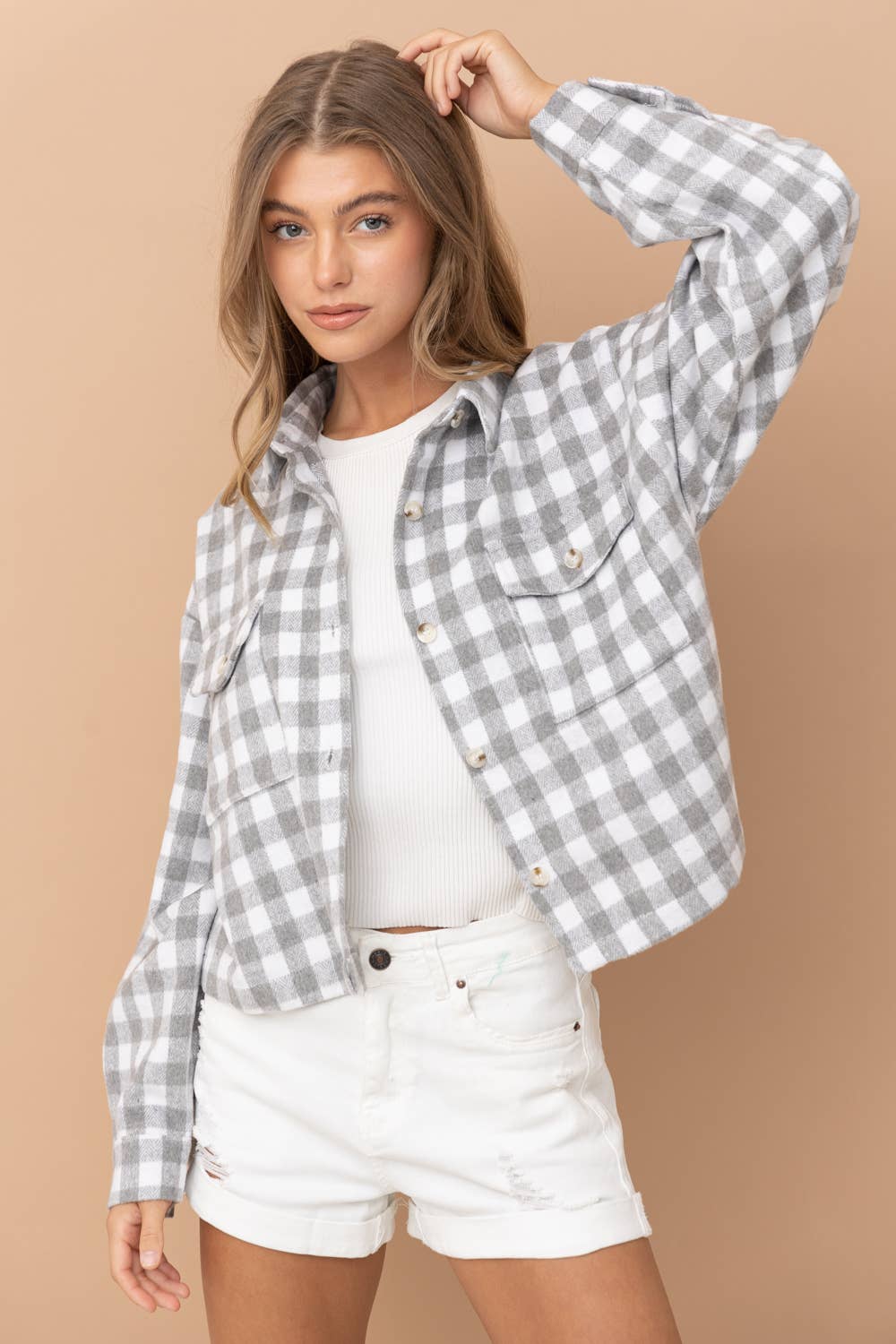 31857J - Yarn Dyed Brushed Crop Pocket Front Shirt Jacket: ROSE / M
