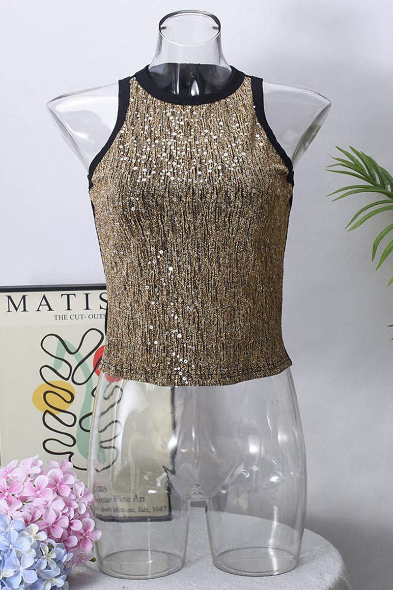 Leopard Print Sequin Tank Top: BLACK / L