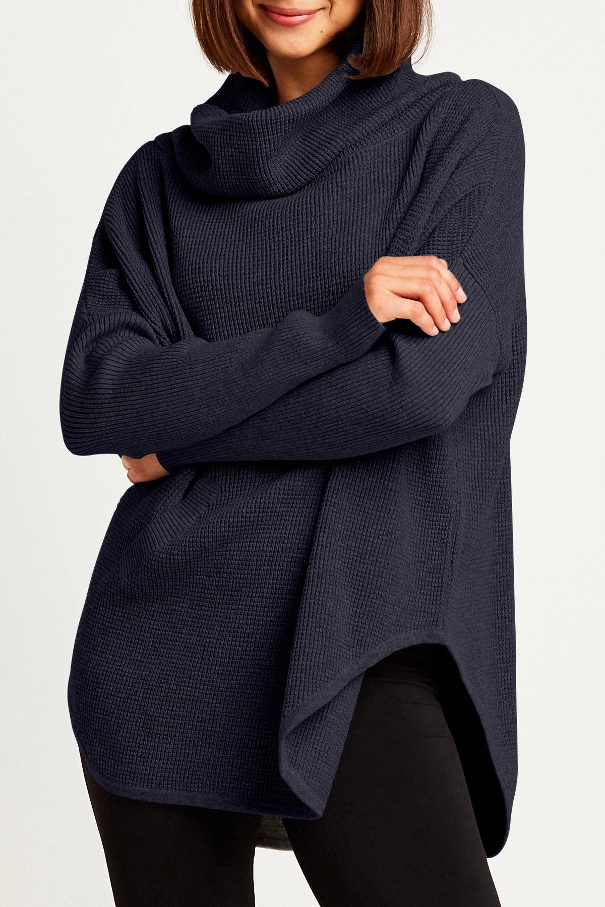 Pima Cotton Waffle Cowl Sweater - Midnight: Midnight