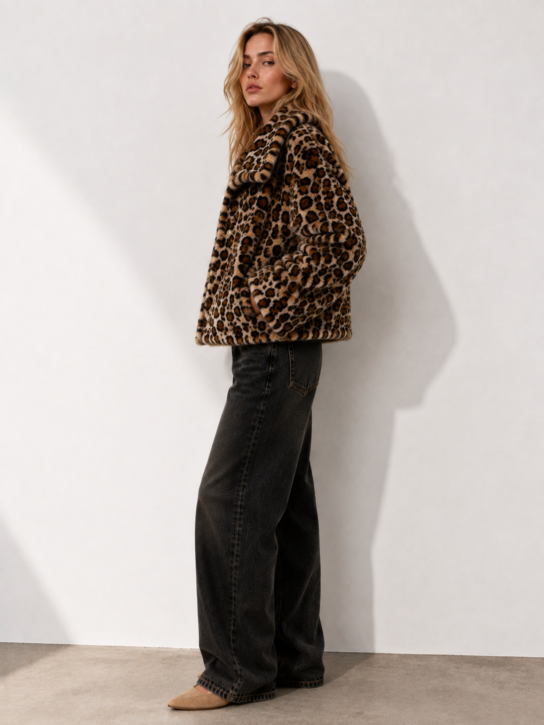 Astoria Faux Fur Snap-Front Cropped Jacket Leopard Fur: Leopard Espresso / L/XL