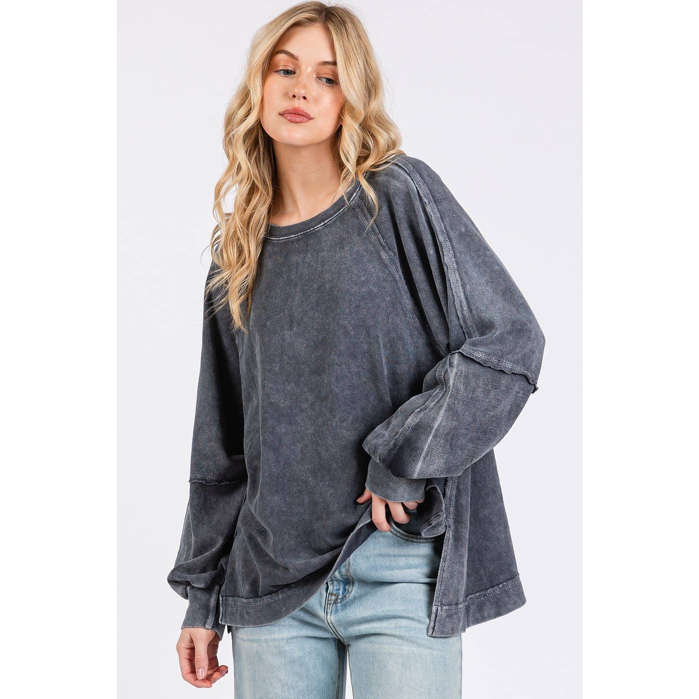 Mineral Wash Raglan Long Sleeve Oversized Top S15303