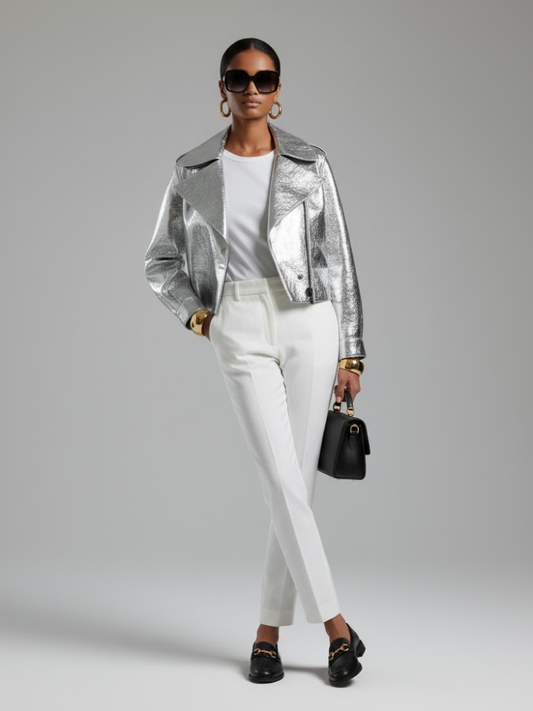 Women's Metallic Vegan Leather Biker Jacket SILVER WALL STREET COUTURE BYMANYC ® New York: Silver / S