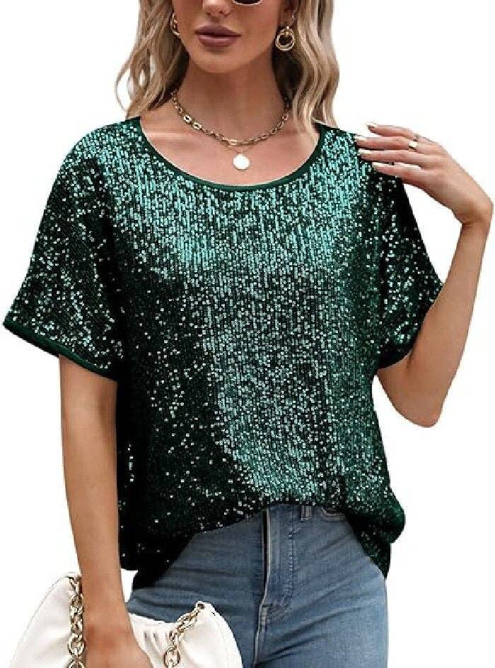 Sequin Deep V-Neck Short Sleeve Top: Black / L