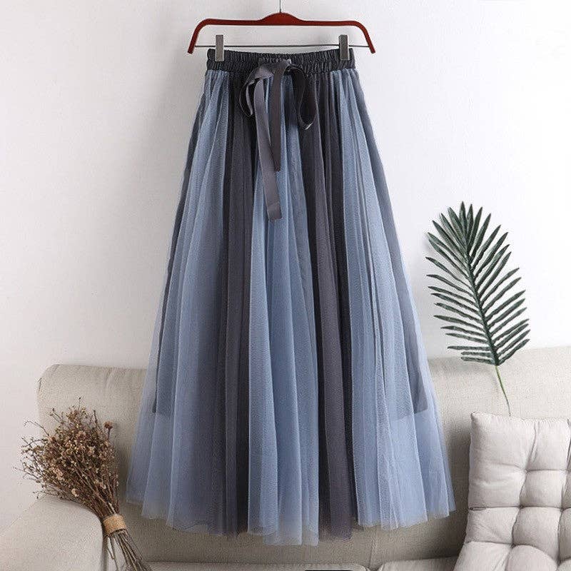 Color-Block Tulle Midi Puff Half Skirt: GRAY / One_size