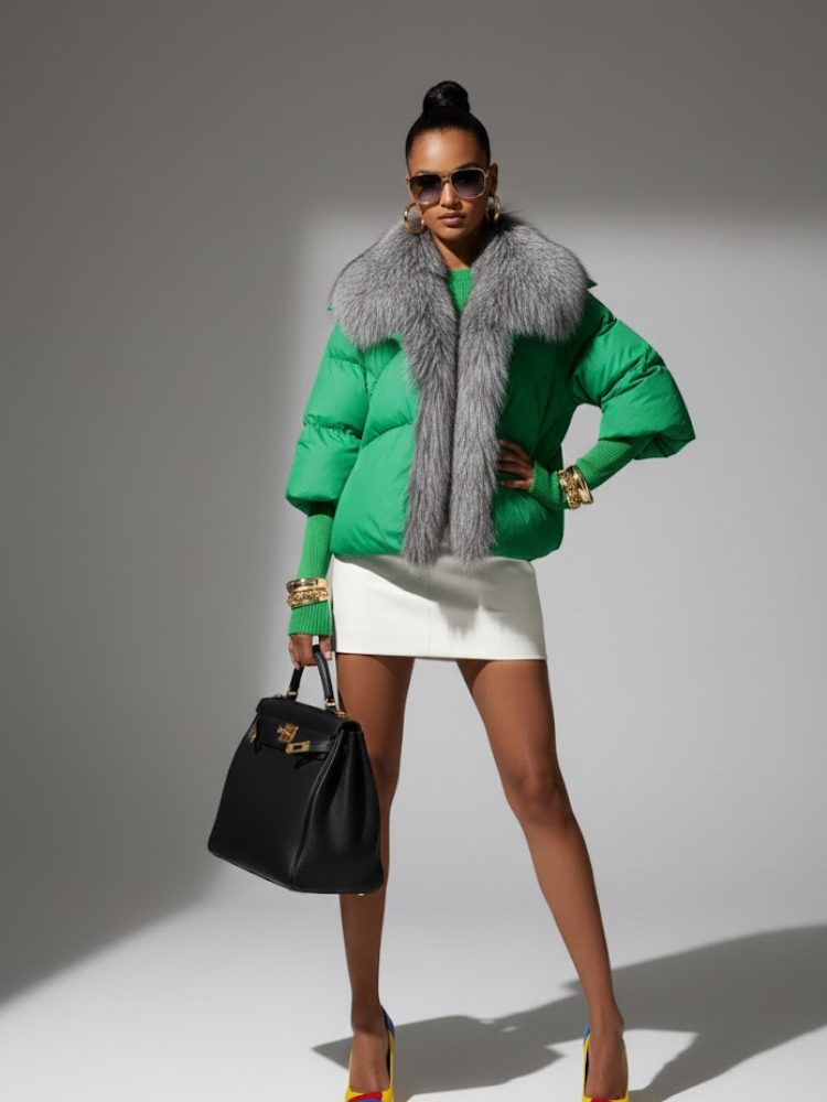 Lux Fur-Trimmed Puffer • THE PLAZA New Collection BYMANYC ® New York: Emerald Green + Silver Fox Fur Collar / S