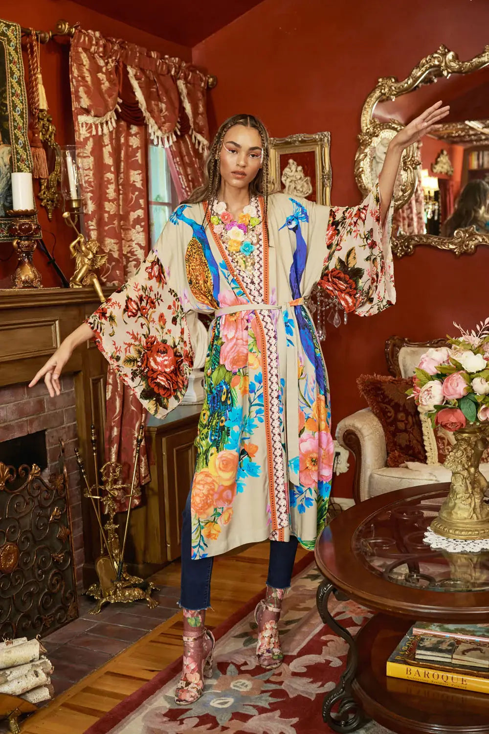 Fantasy Kimono - Beige |Peacock Mesh Sleeve Romantic Robe: Soft Moon / One Size