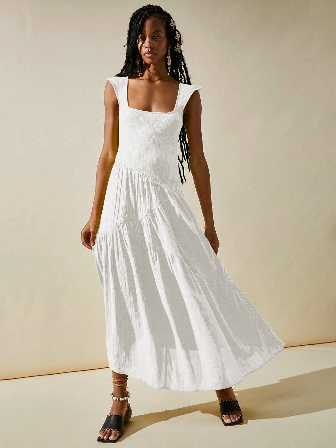 French Style Elegant A-Line Maxi Dress With U-Neck Design: GQTX002 / M