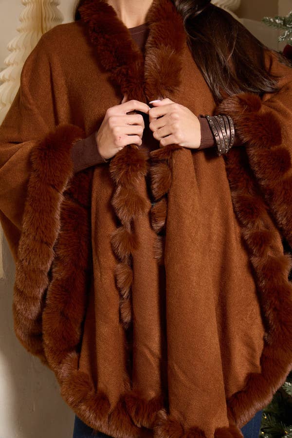 Faux Fur Cape Kimono: Brown