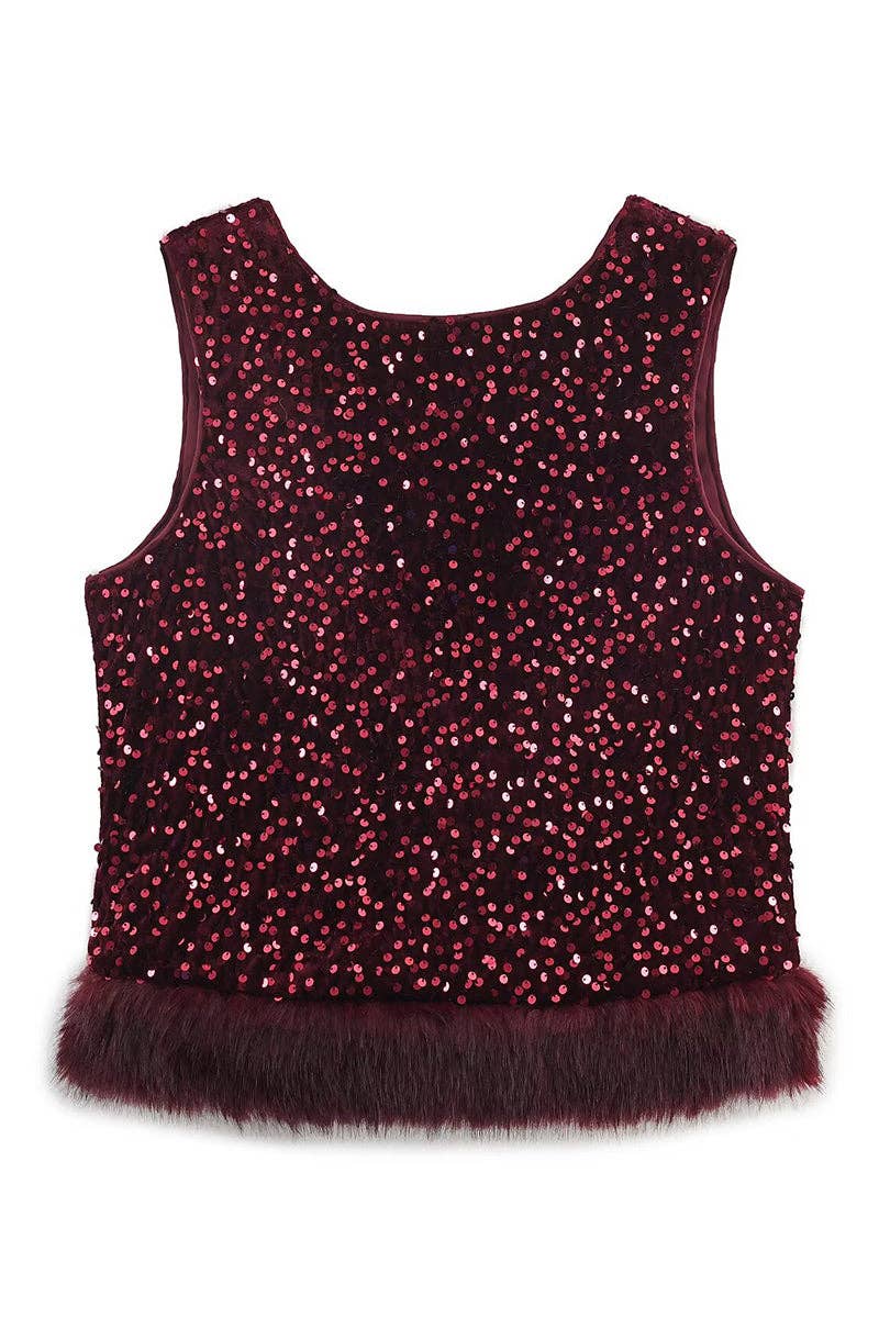 Sequin V-Neck Tank Top: RED / M