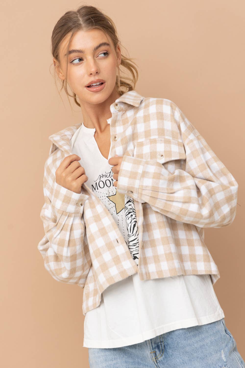 31857J - Yarn Dyed Brushed Crop Pocket Front Shirt Jacket: ROSE / L