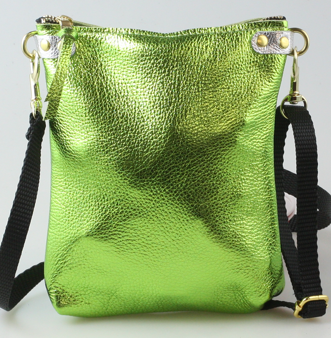The Lisa Cellphone Crossbody Pouch : Silver / Matching Metallic Leather Crossbody Strap
