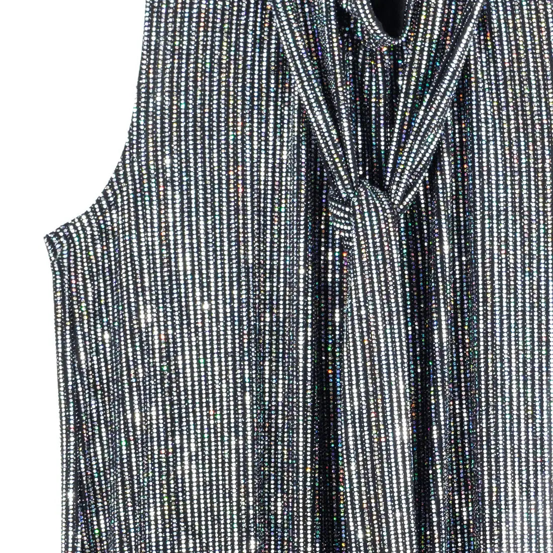 T245S - Shimmer Sequin - Mock Neck-Tie Detail Top: Black/Silver / L