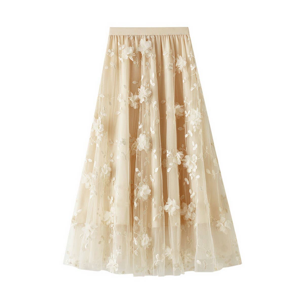 Embroidered Tulle A-Line Maxi Skirt Plus Size_CWBMS0370: Black / (OS) 1