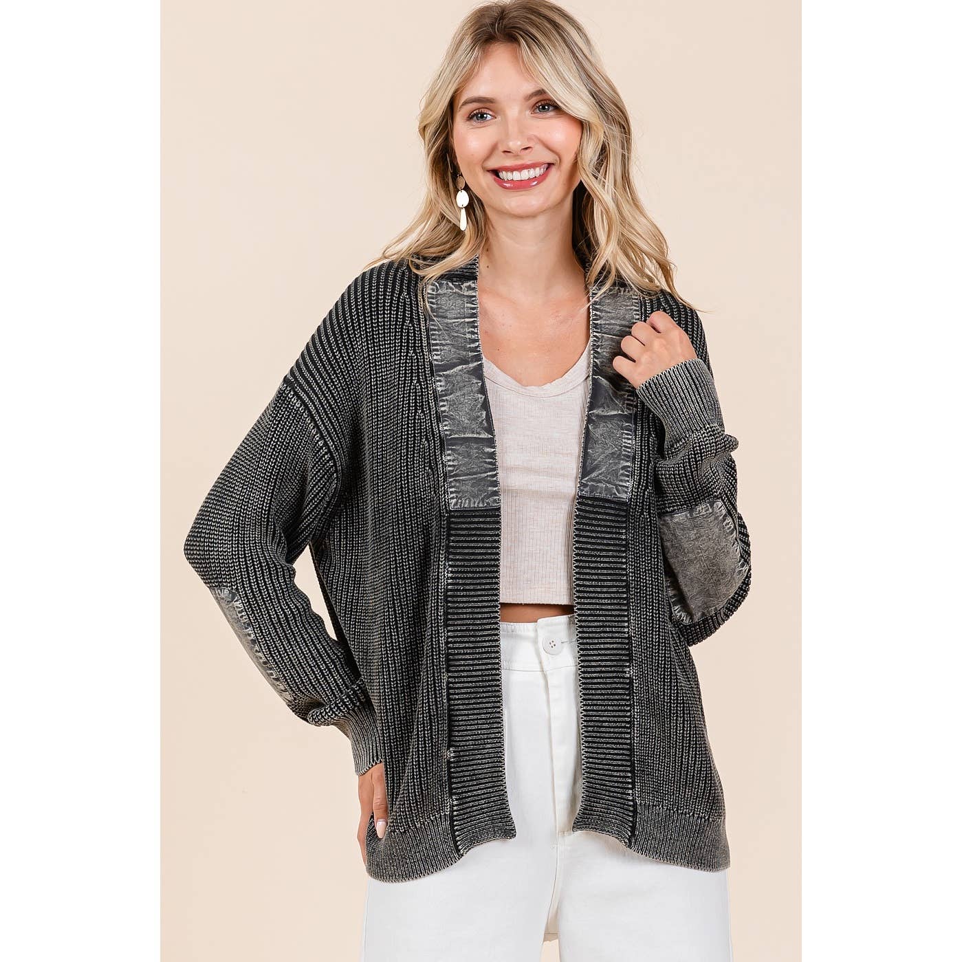 Mineral Wash Contrast Patch Open Front Cardigan S20805