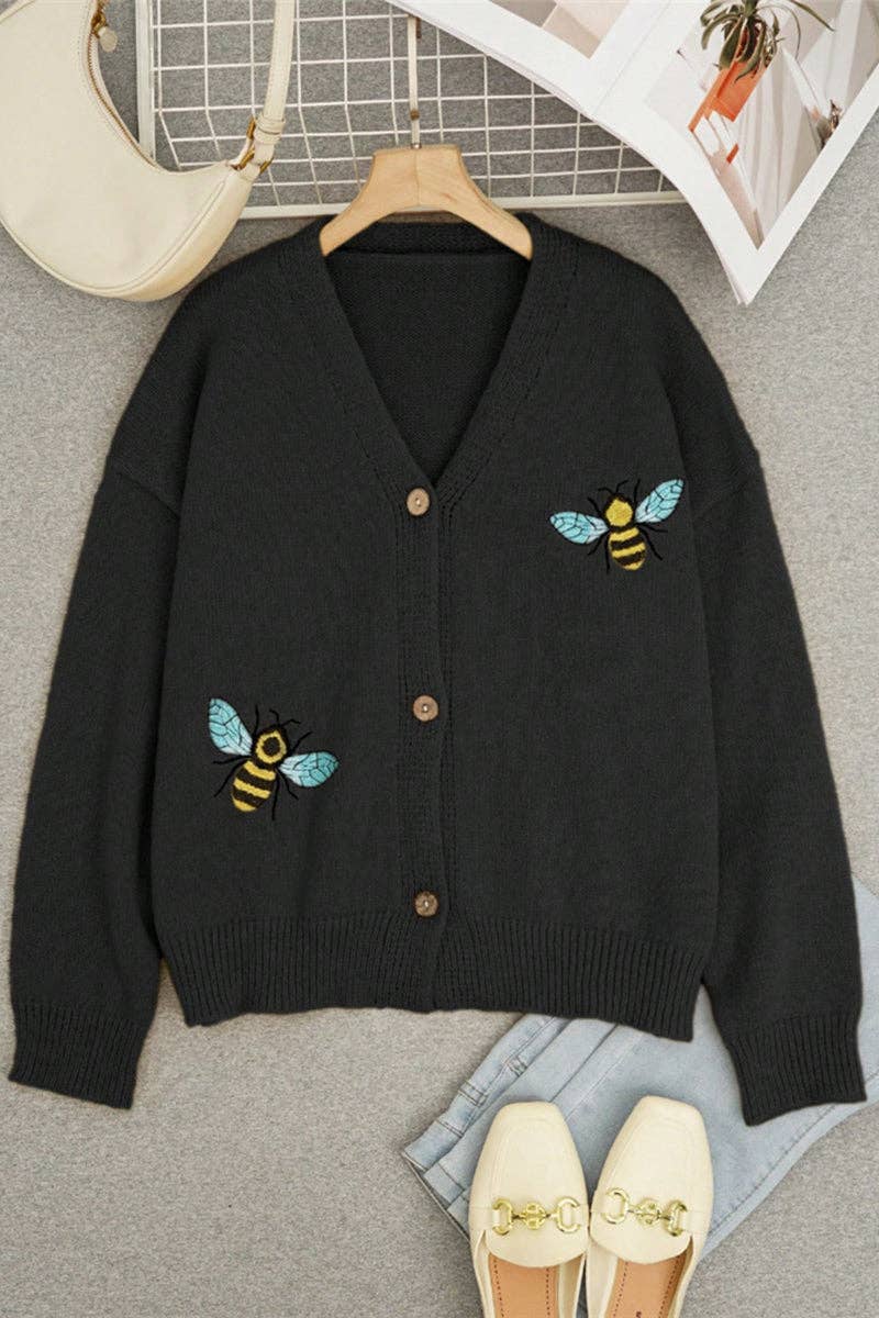 Bee Embellished Button-Up Cardigan: BLACK / XL