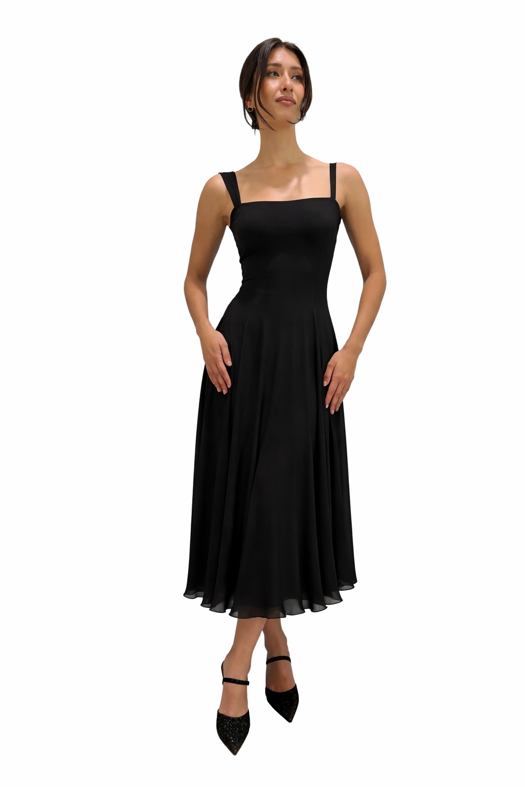 MAXIMA  Tea Length Fit N Flare Paneled Dress Black: L