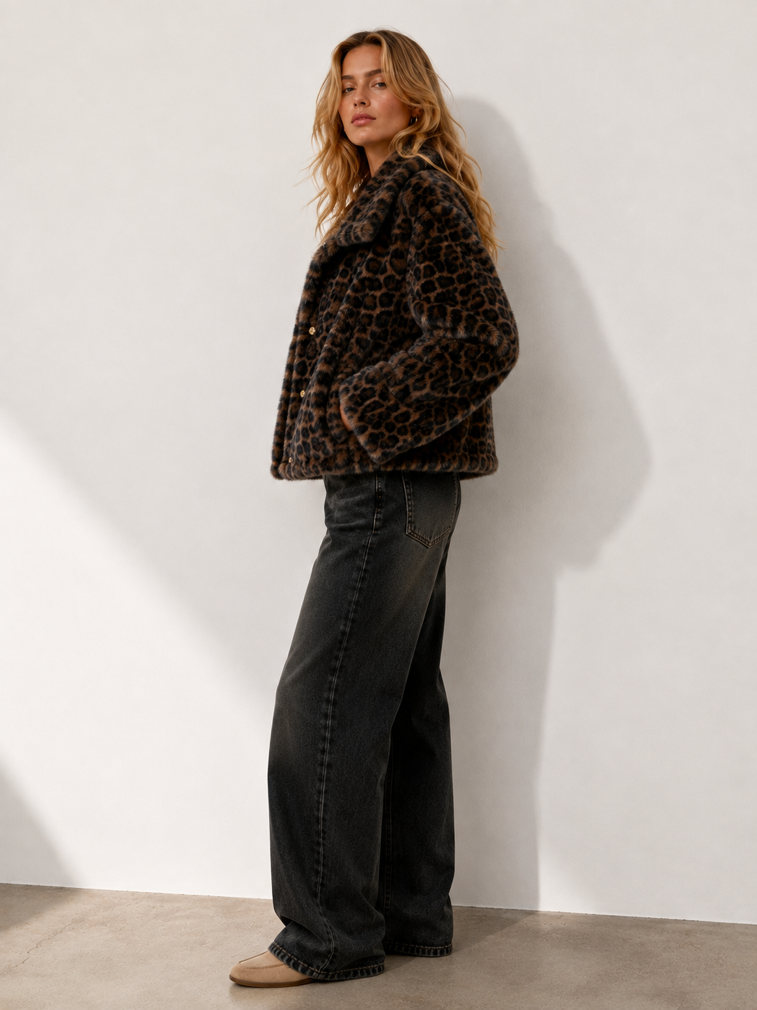 Astoria Faux Fur Snap-Front Cropped Jacket Leopard Fur: Leopard Espresso / L/XL