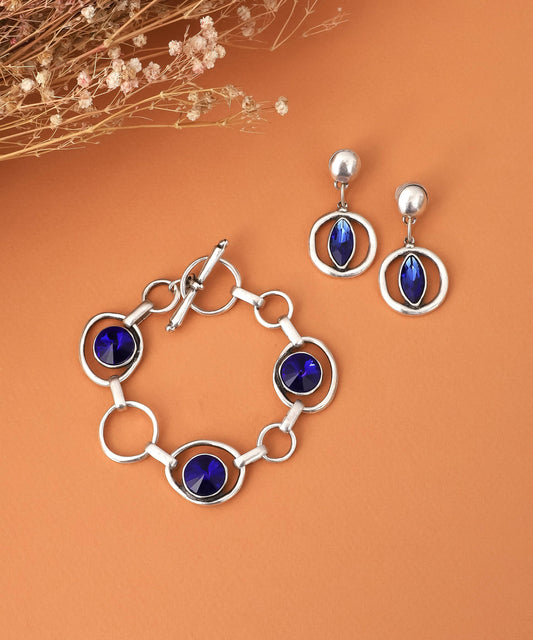 Dark Blue Crystal Stone Circle Earrings & Bracelet Set