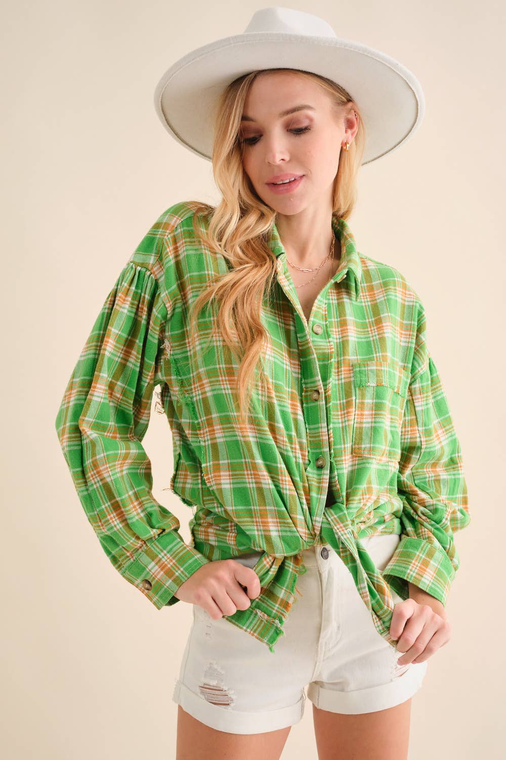 32481T - Cowboy Boots Graphic Back Plaid Oversized Shirt: GREEN / MEDIUM