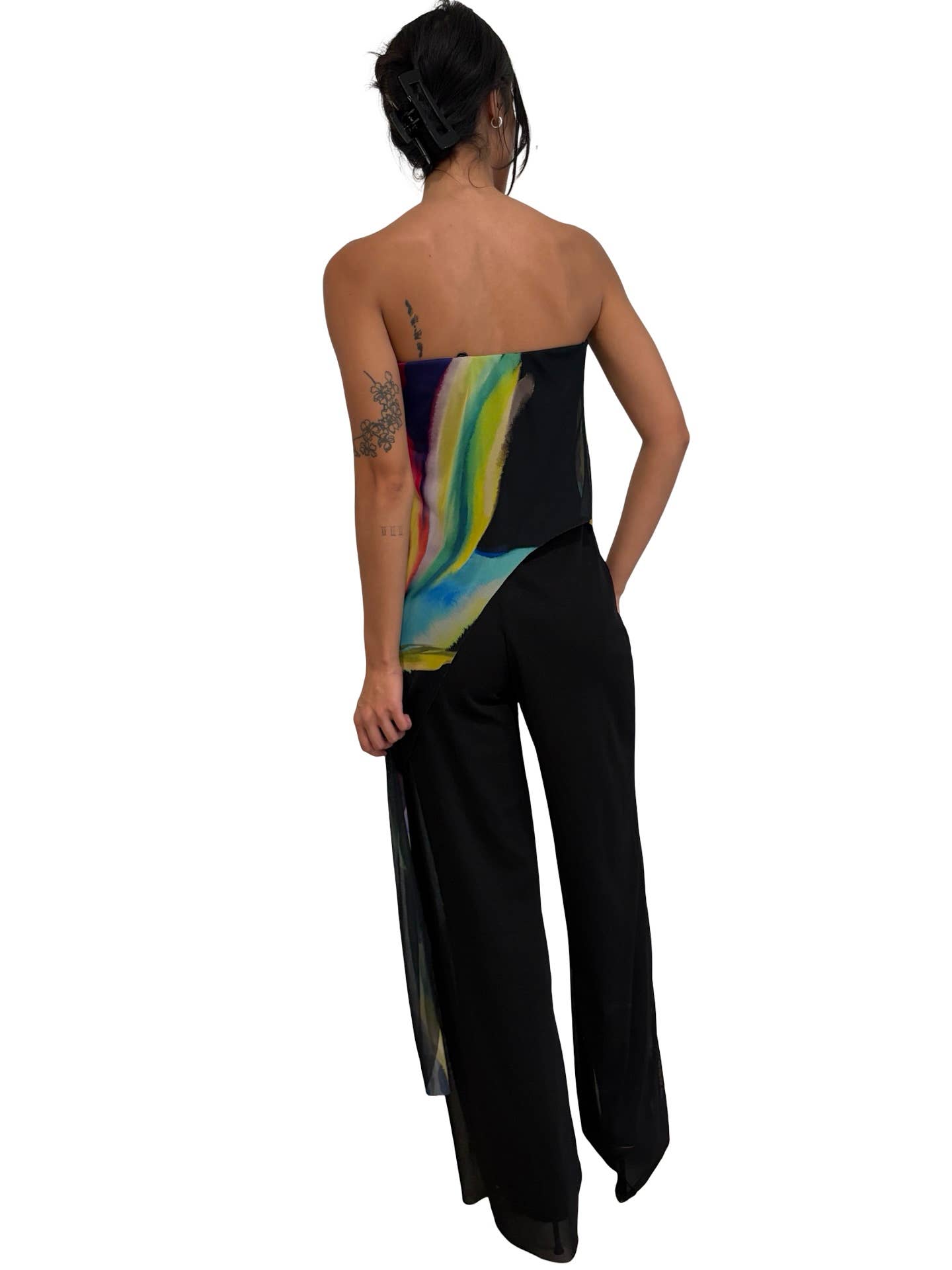 GLORY Solid Black Strapless Jumpsuit With Printed Overlay: XL