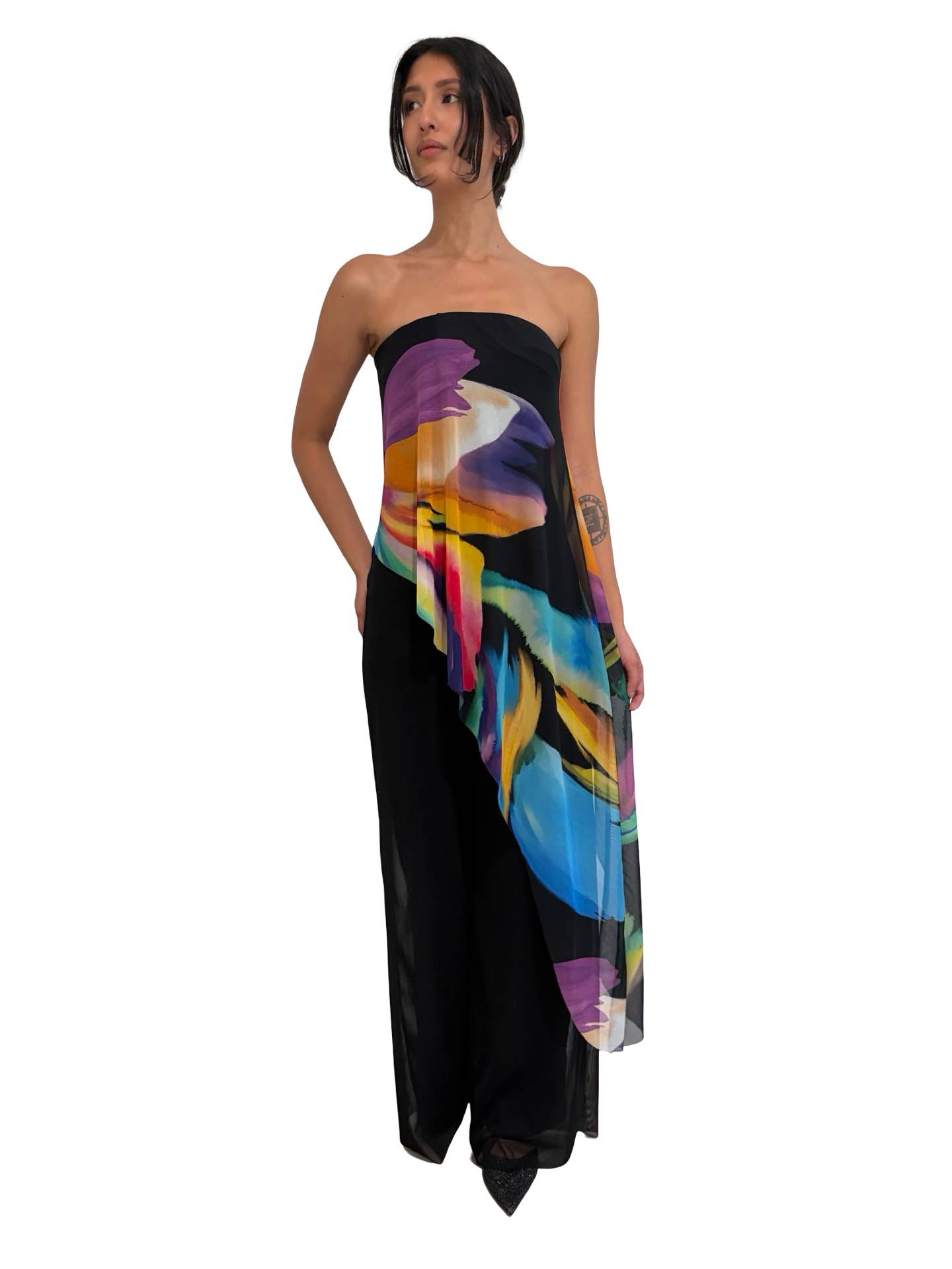GLORY Solid Black Strapless Jumpsuit With Printed Overlay: M