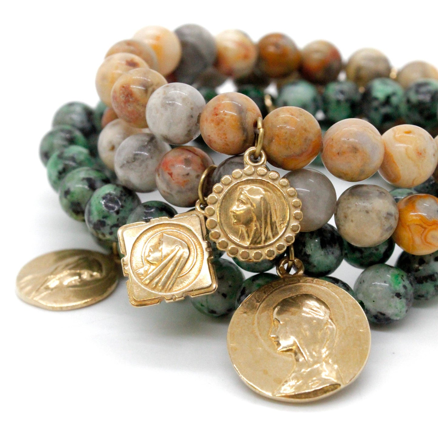 Single Stone Bracelet with Gold French Religious Charm -French Medals Collection-: A / African Pine