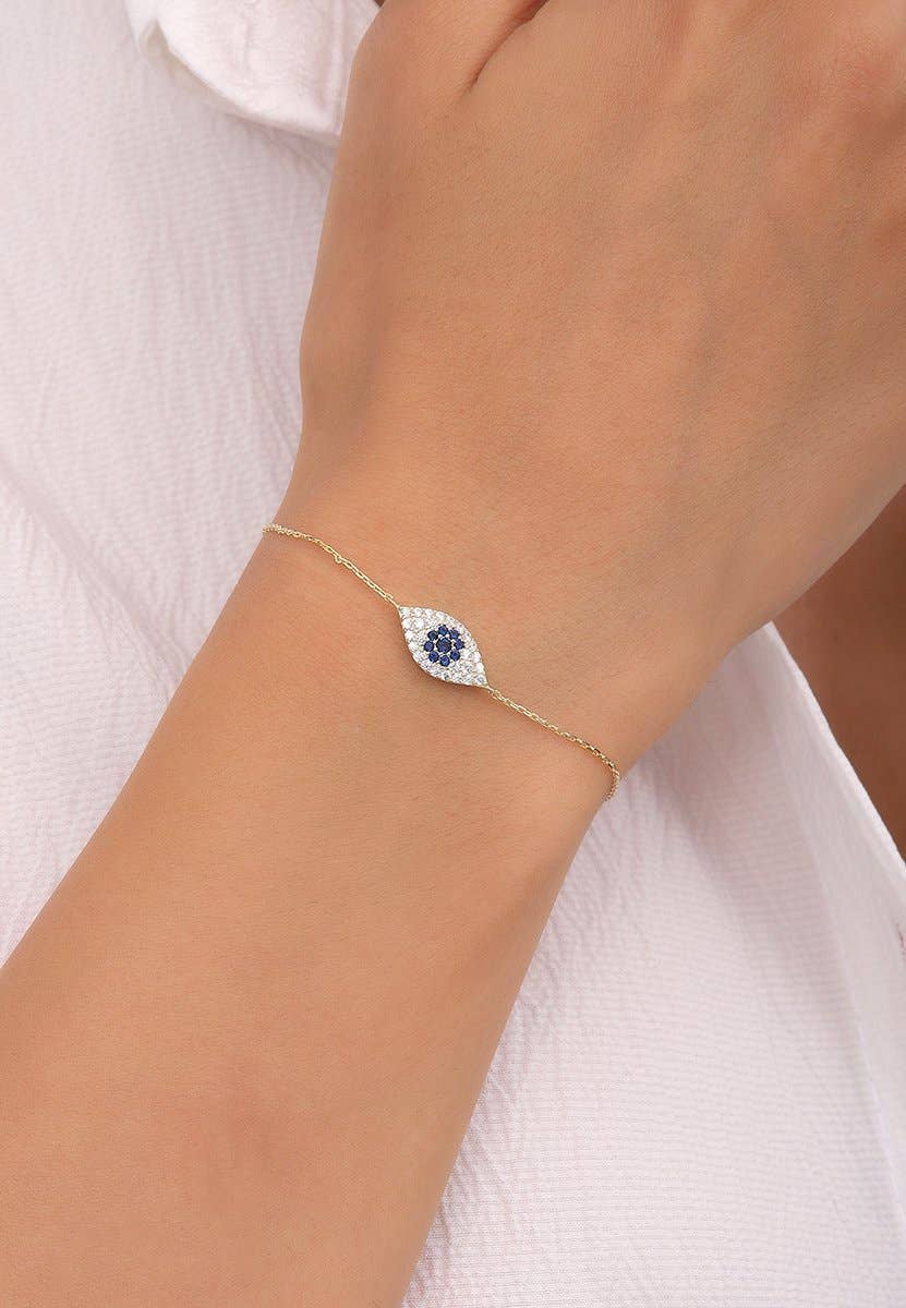 Zircon & gold tone sterling silver evel eye bracelet