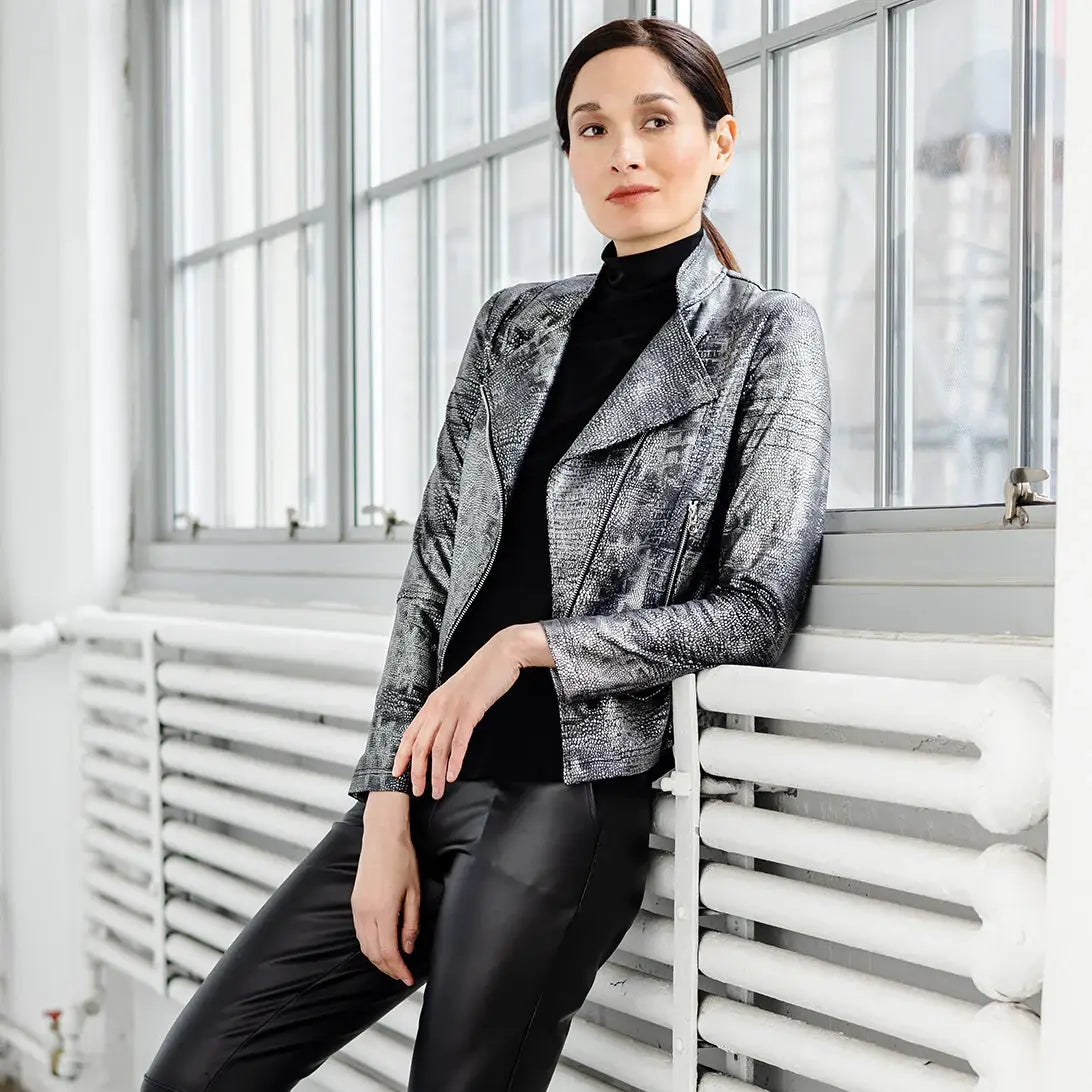 JK75SH - Metallic Liquid Leather ™ Textured Biker Jacket: Gun metal / XL