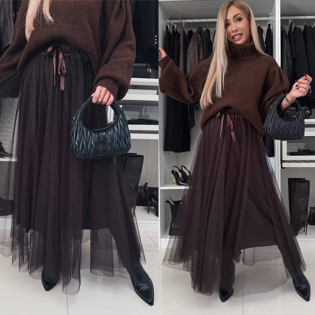 Spring Women's Tulle Maxi Skirt, A-Line Mesh Long Skirt For Women, European & American Style: Black / L