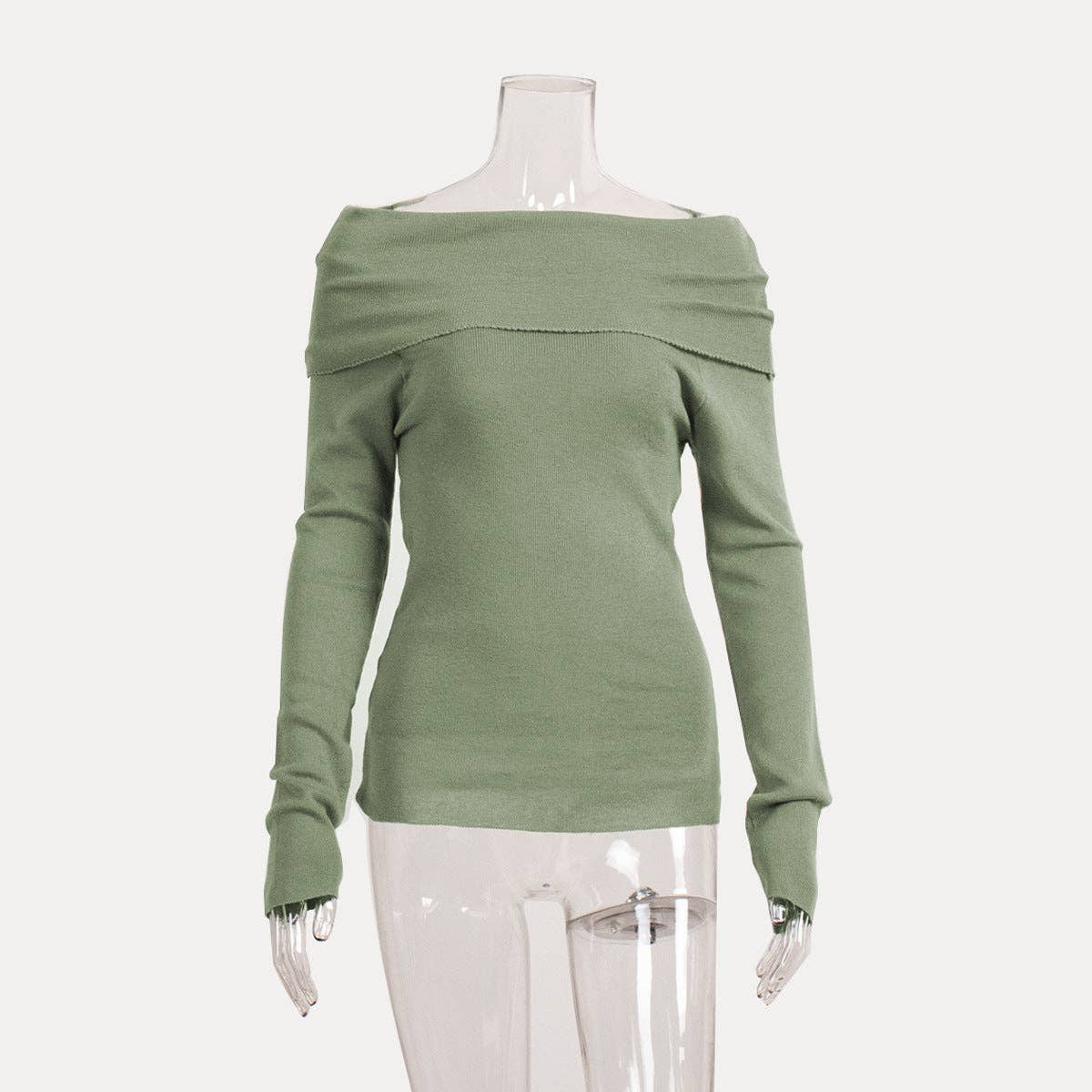 Off-Shoulder Knitted Top Slim Fit Solid Color Long Sleeve Pullover: Black / M