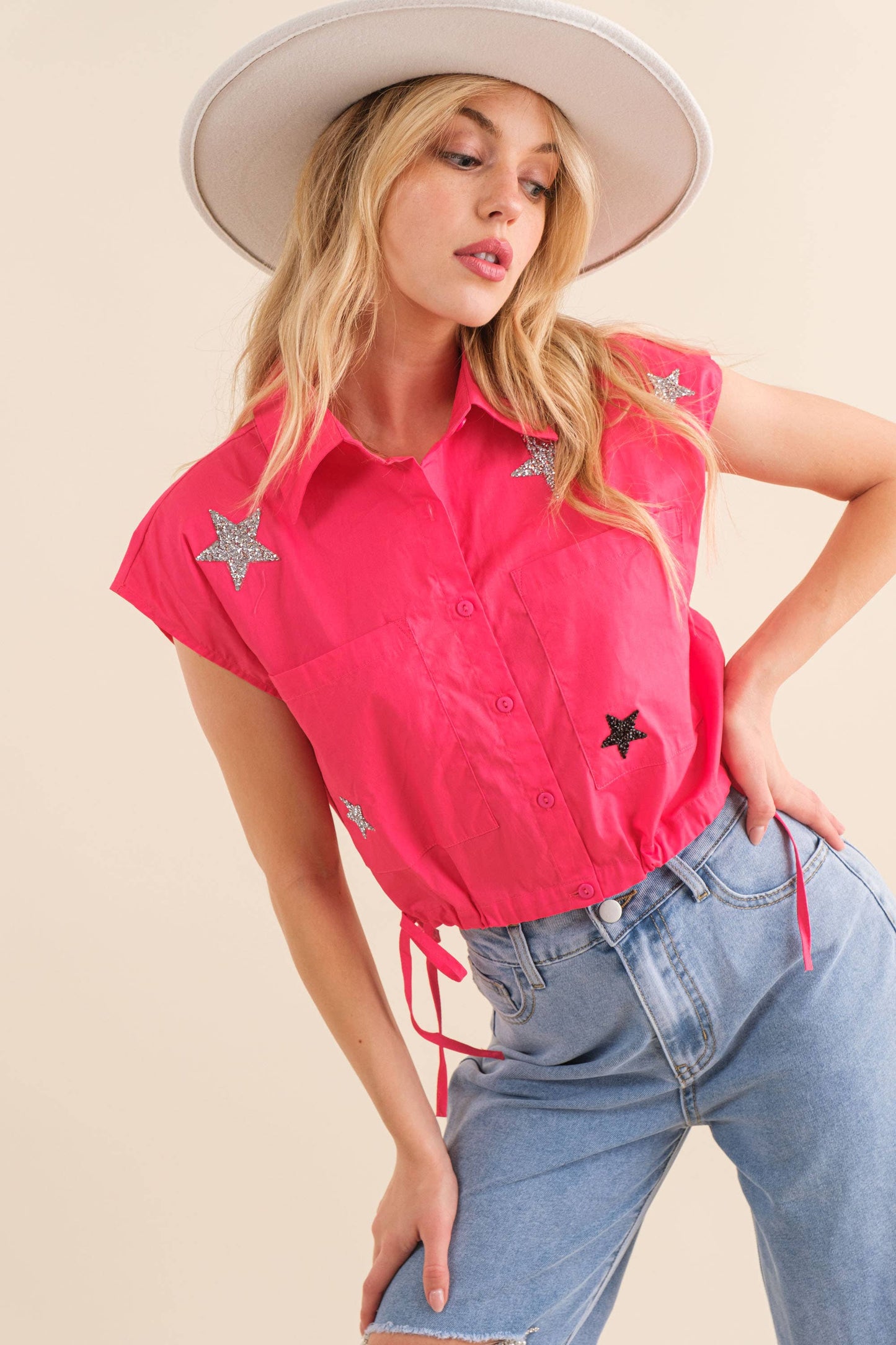 32579T - Poplin Star Patch Sleeveless Shirt: WHITE / M