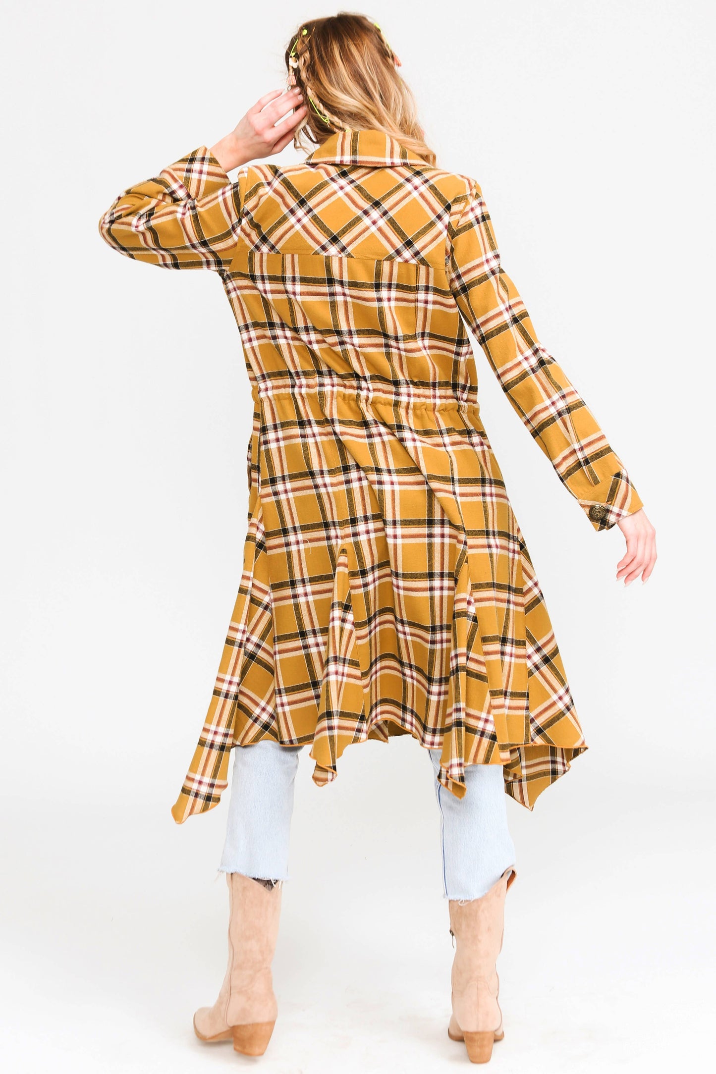 Coco Plaid Trench Coat: Mustard Combo / M