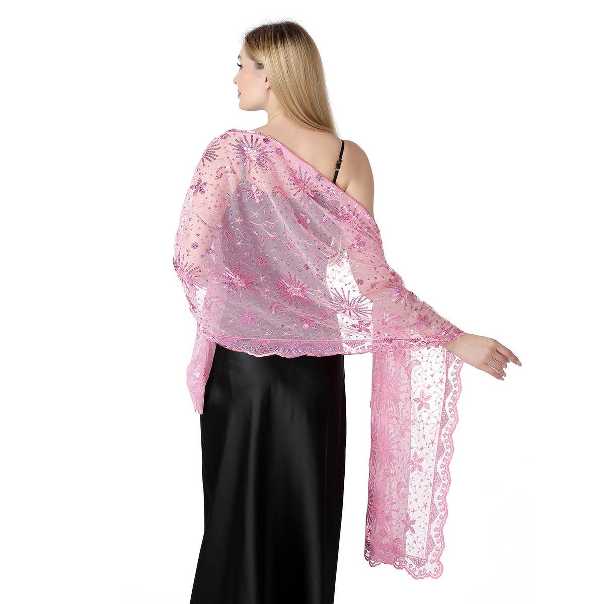 STARS AND MOON EMBROIDERED SHAWL_CWASC1079: BLACK3 / (OS) 1