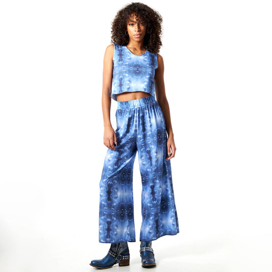 Babs Lightweight Wide Leg Pants - Blue Cloud Print: M