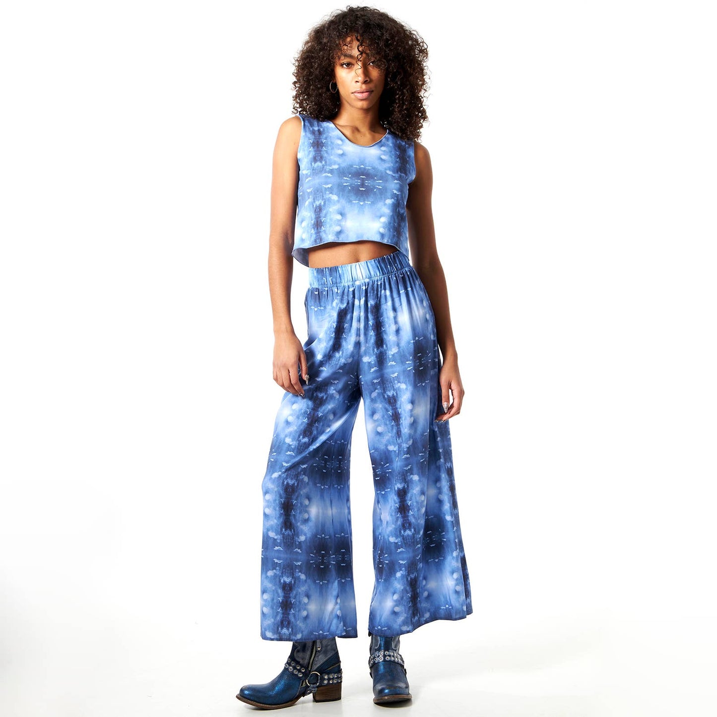 Babs Lightweight Wide Leg Pants - Blue Cloud Print: L
