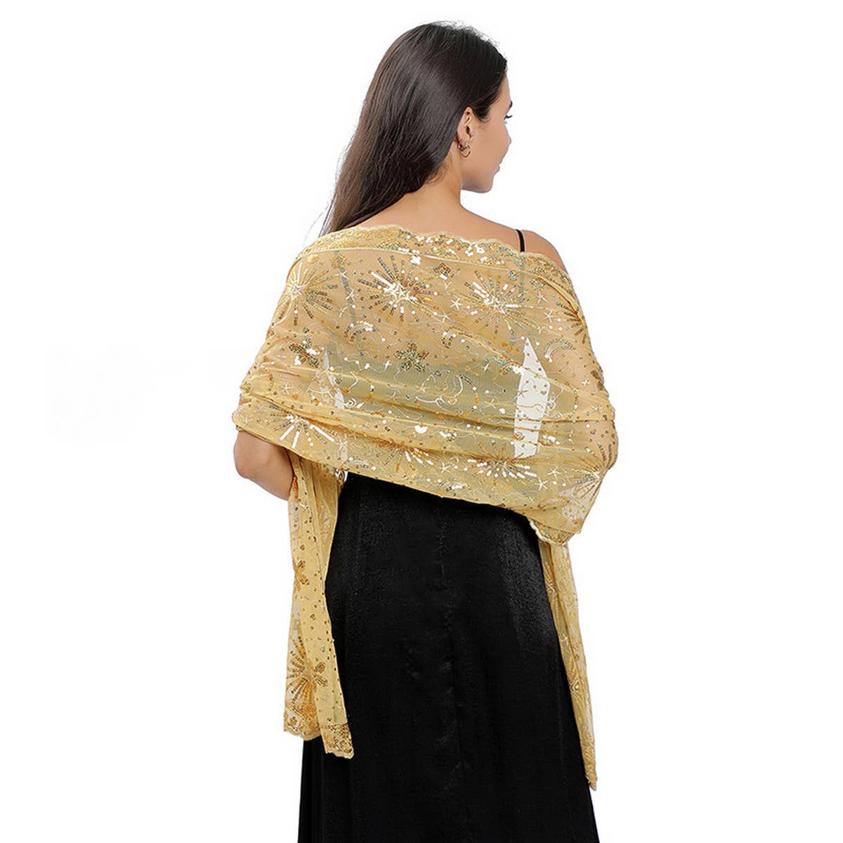 STARS AND MOON EMBROIDERED SHAWL_CWASC1079: BLACK3 / (OS) 1