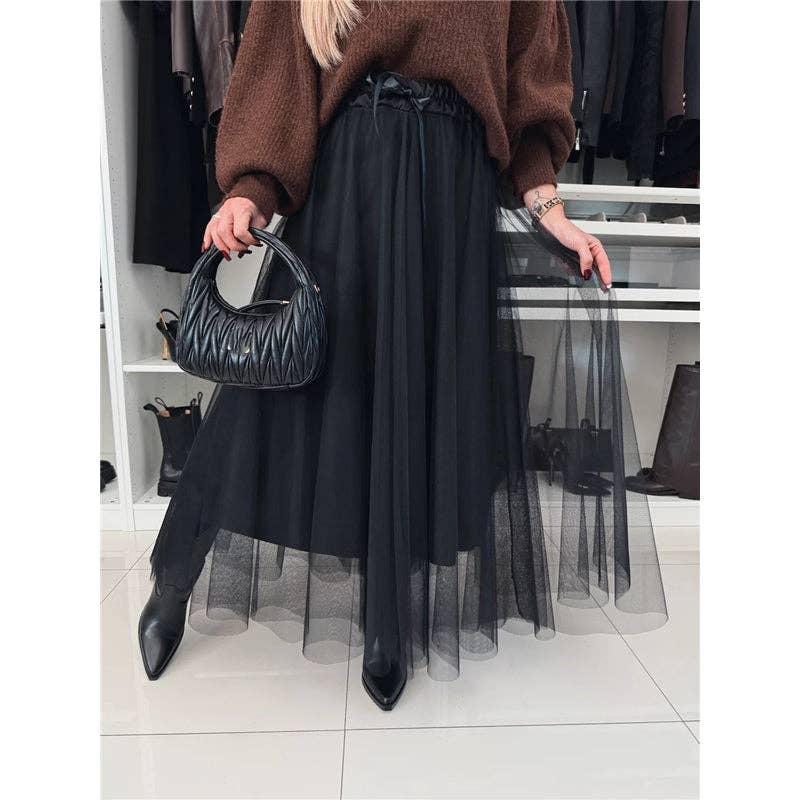 Spring Women's Tulle Maxi Skirt, A-Line Mesh Long Skirt For Women, European & American Style: Black / L