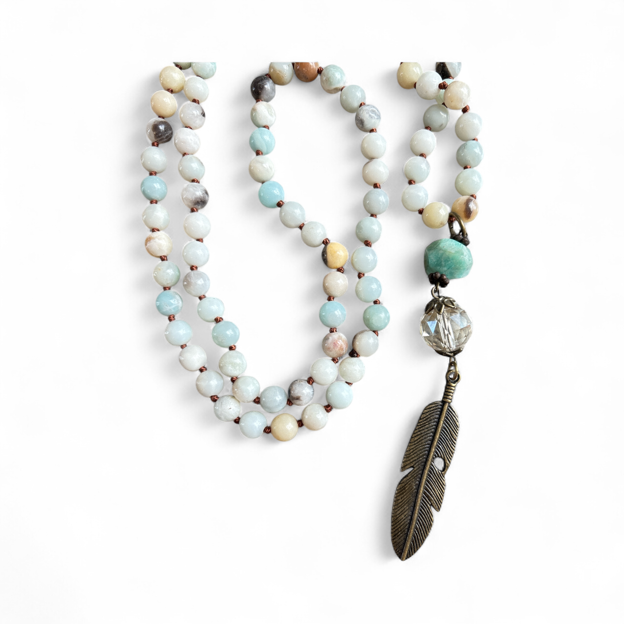 Amazonite Necklace with Green & Feather Pendant