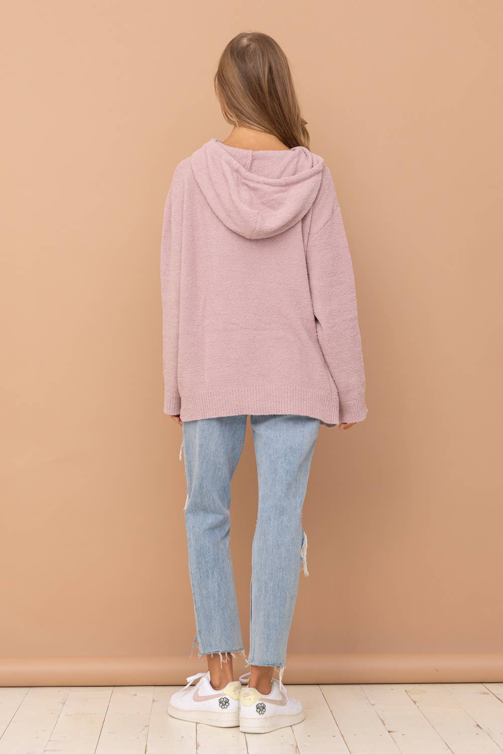 17376W - Fuzzy Cozy Hooded Smiley Sweater: DUSTY BLUE / S/M