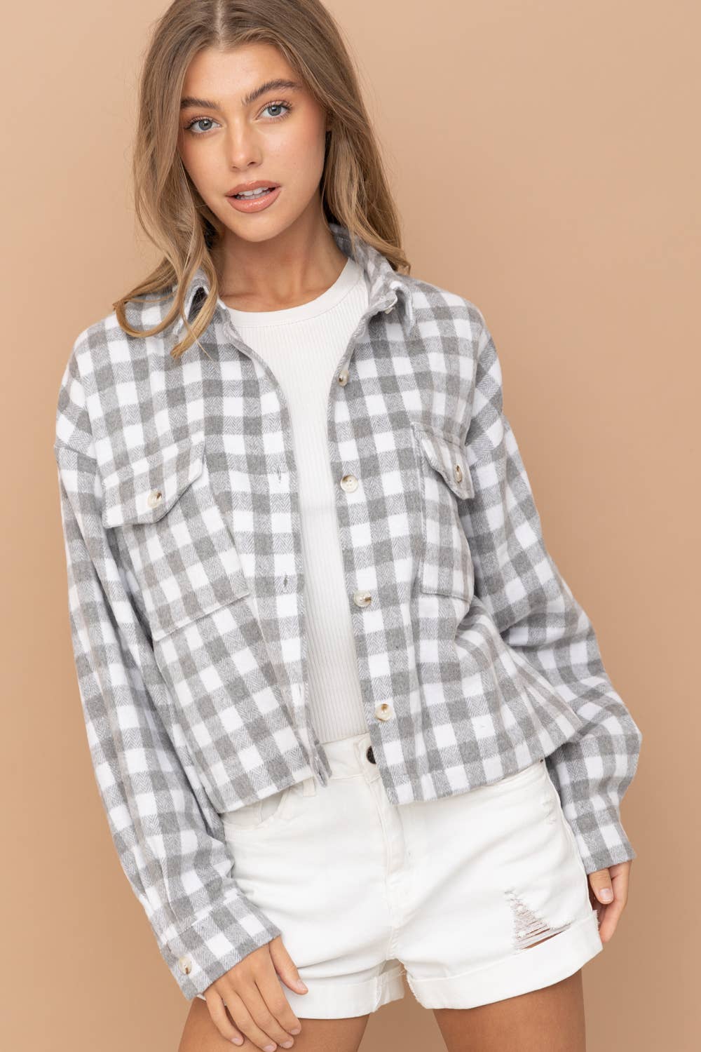 31857J - Yarn Dyed Brushed Crop Pocket Front Shirt Jacket: ROSE / M